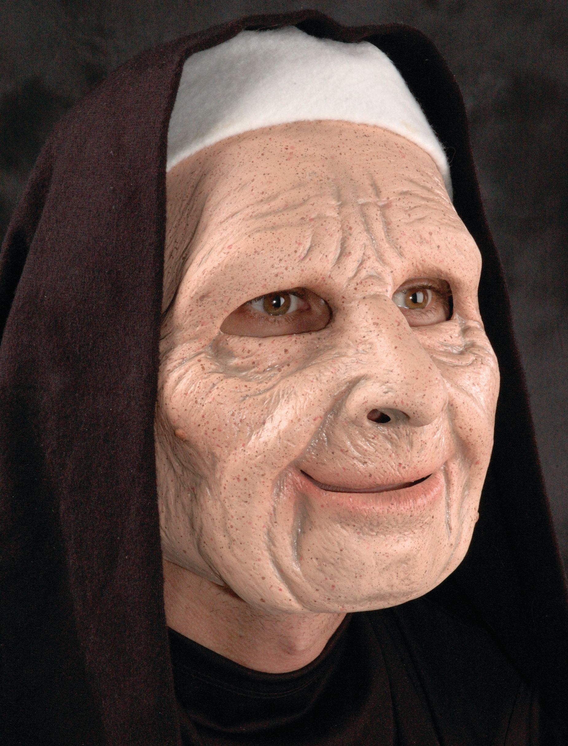 Nun Veilled Old Latex Mask, Black/Beige, One Size, Wearable Costume Accessory for Halloween Front_Angled_Right