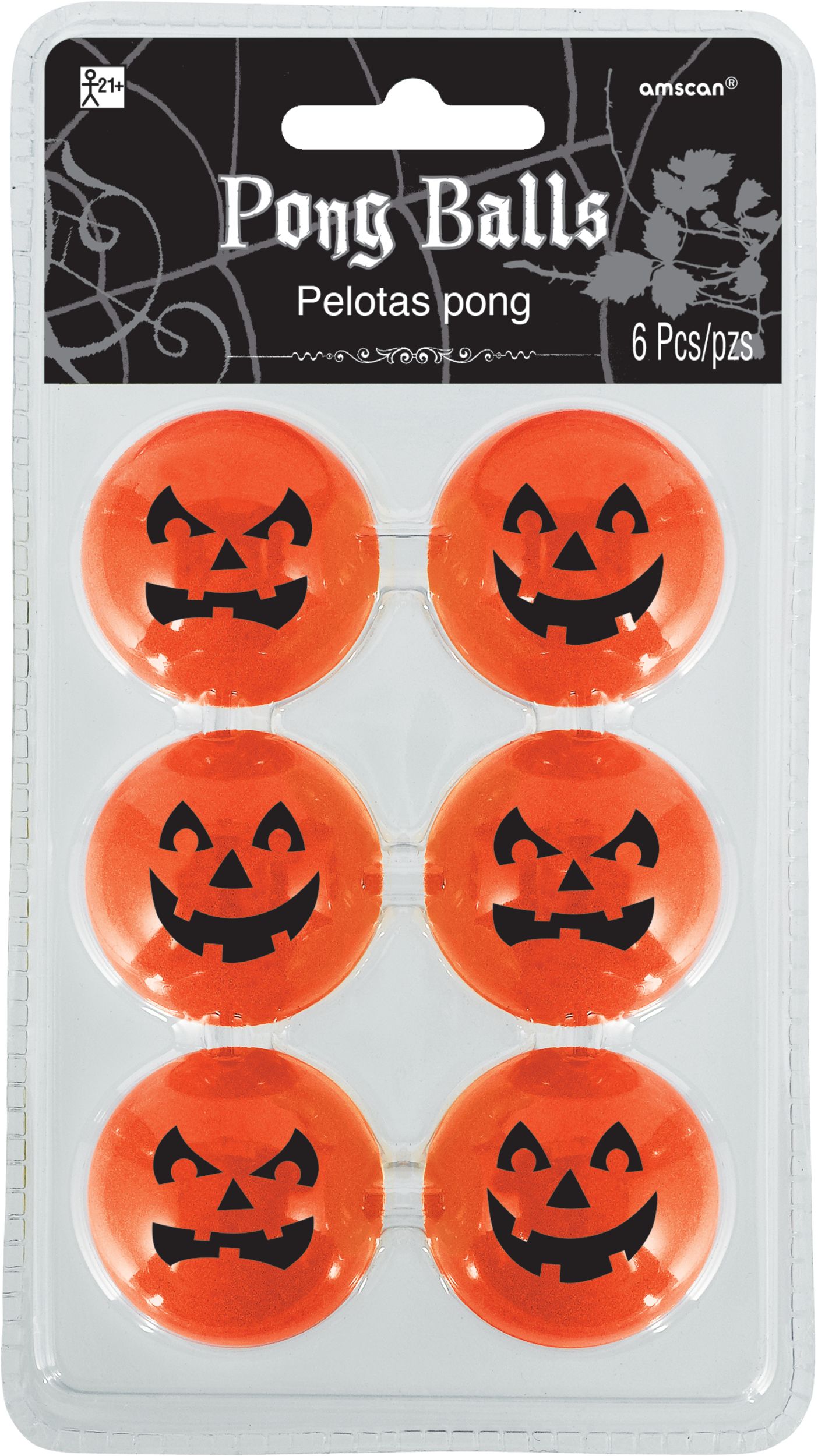 Balles de ping-pong citrouille lanterne rétro Halloween, paq. 6, 1-1/2 po, noir/orange, décoration de table pour l'Halloween Front_Flat