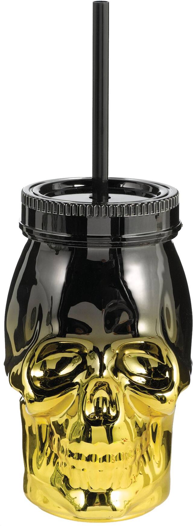 Black & Metallic Gold Skull Cup with Straw Front_Elevated