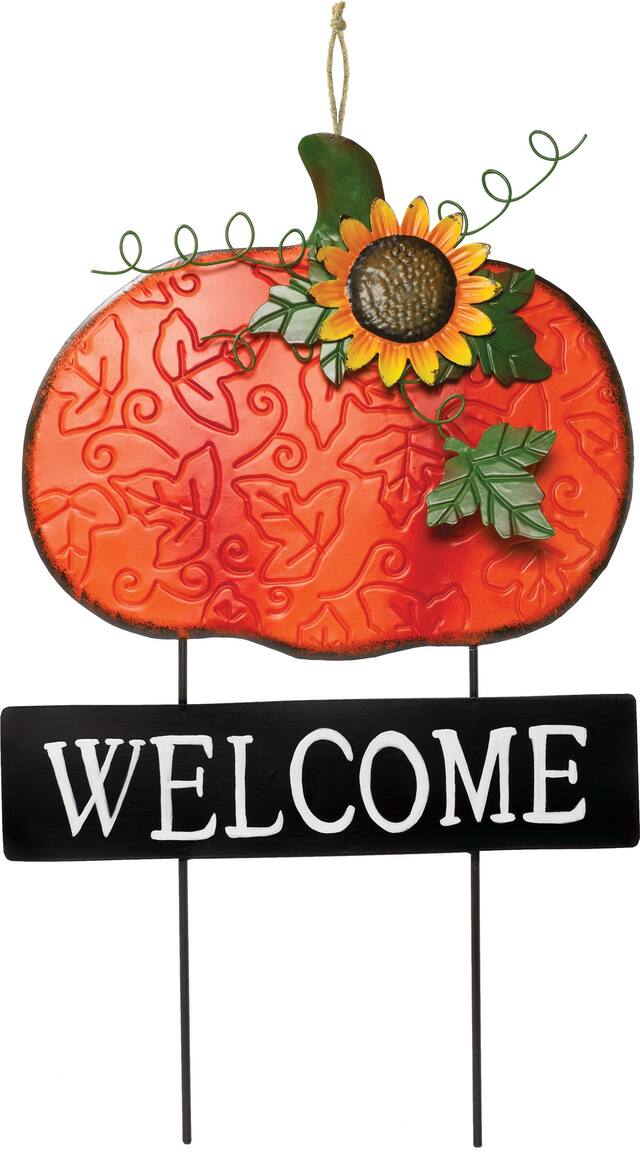 Piquet de jardin de citrouille Welcome, orange, 12 po, décoration d'extérieur pour l'automne Front_Flat