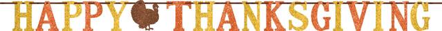 "Happy Thanksgiving" Turkey Glitter Letter Banner, Multi-Coloured, 12-in, Indoor Decoration for Thanksgiving Front_Flat