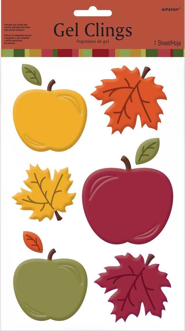 Autocollants en gel de pommes et feuilles pour l'automne, multicolore, paq. 9, décorations d'intérieur pour l'automne Front_Flat
