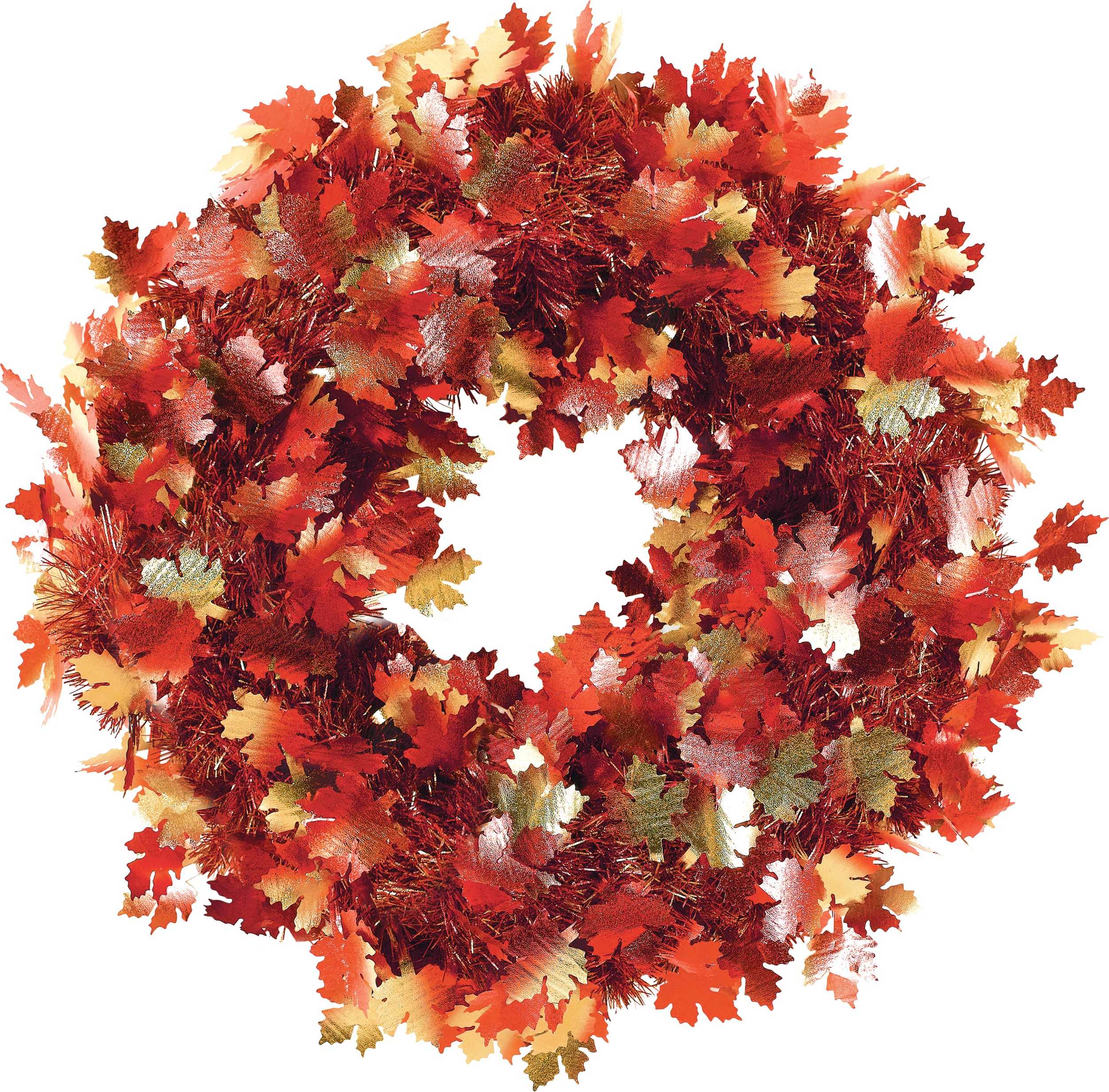 Tinsel Wreath with Maple Leaves, Orange, 18-inIndoor/Outdoor Decoration for Fall Front_Flat