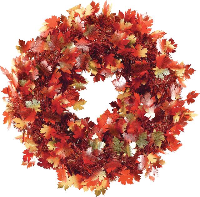 Couronne scintillante avec feuilles d'érable, orange, 18 po, décoration intérieure/extérieure pour l'automne Front_Flat