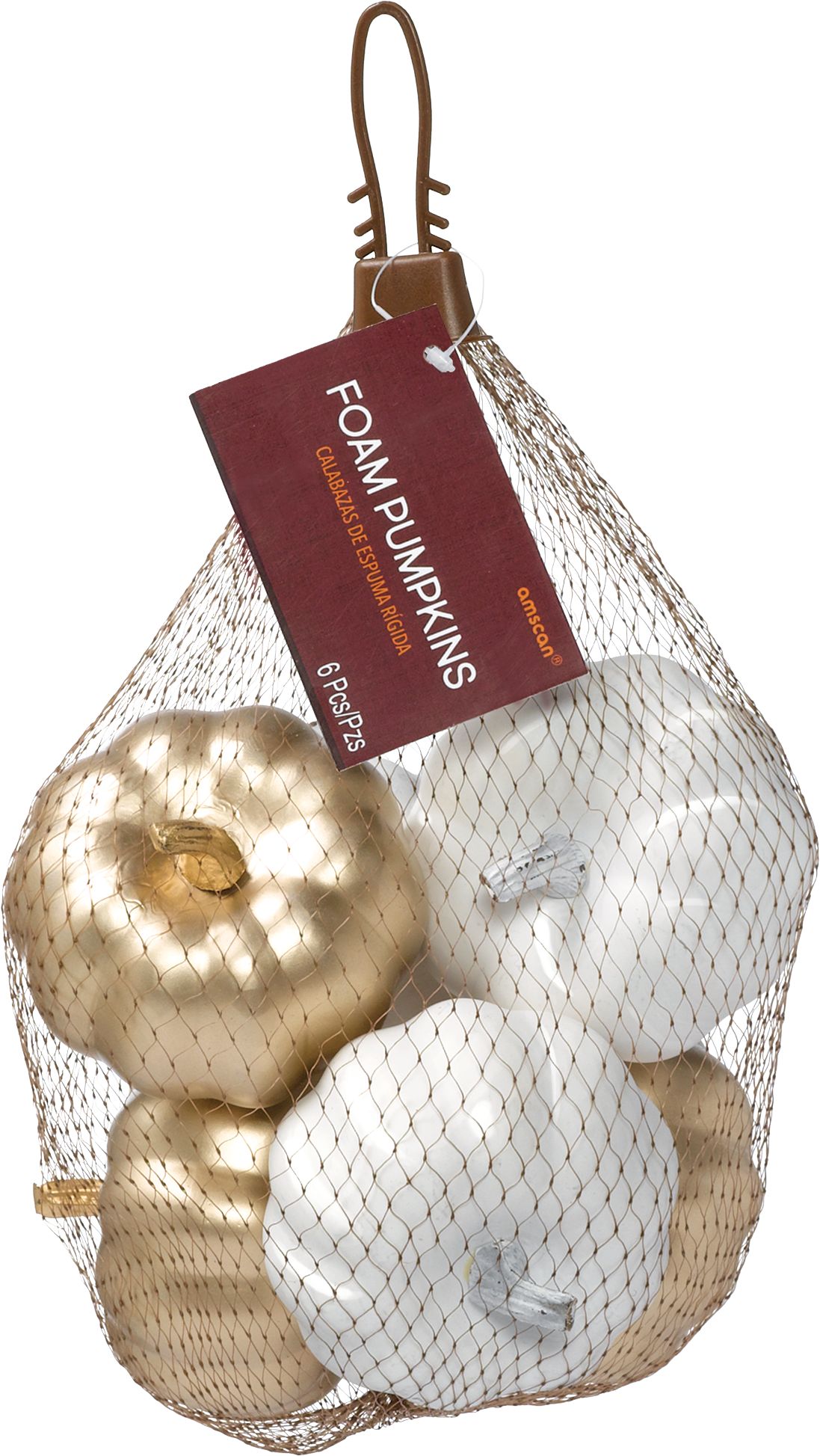 Mini Foam Pumpkin Props, Metallic Gold/White, 2.5-in, 6-pk, Indoor/Outdoor Decoration for Fall Front_Flat