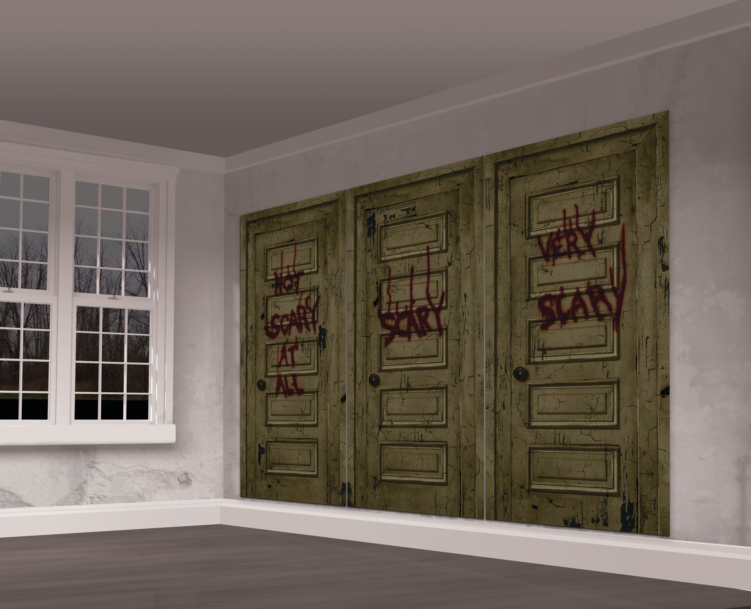 IT "Scary" Door Scene Setter Background, Brown Wood Print, 32.5-in, Indoor Decoration for Halloween Front_Angled_Left