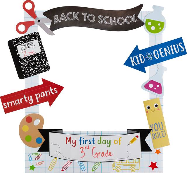 "Back to School" Customizable School Photo Frame Prop Kit with Cutout Props, Multi-Coloured, 31 1/4 in, 15-pk, Indoor Decoration for Back to School Front_Flat