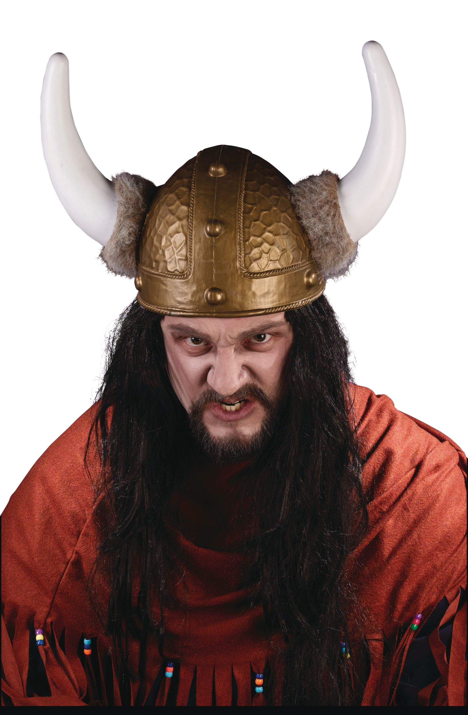 Couvre-casque de viking nordique avec bordure en fourrure, doré, taille unique, accessoire de costume à porter pour l'Halloween Front_Flat