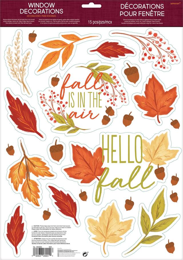 "Fall is in the Air" Assorted Wall Cling Decals, Multi-Coloured, 6-pk, Indoor Decoration for Fall Front_Flat