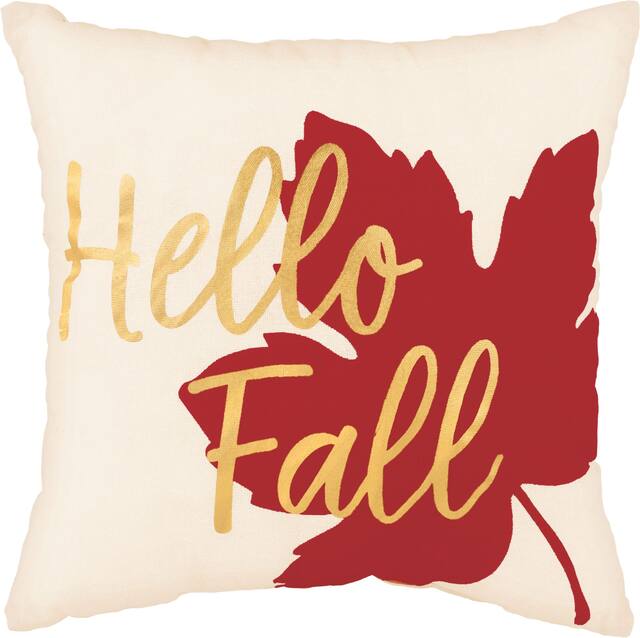 "Hello Fall" Maple Leaf Pillow,  Beige/Red, 12-in, Indoor/Outdoor Decoration for Fall Front_Flat