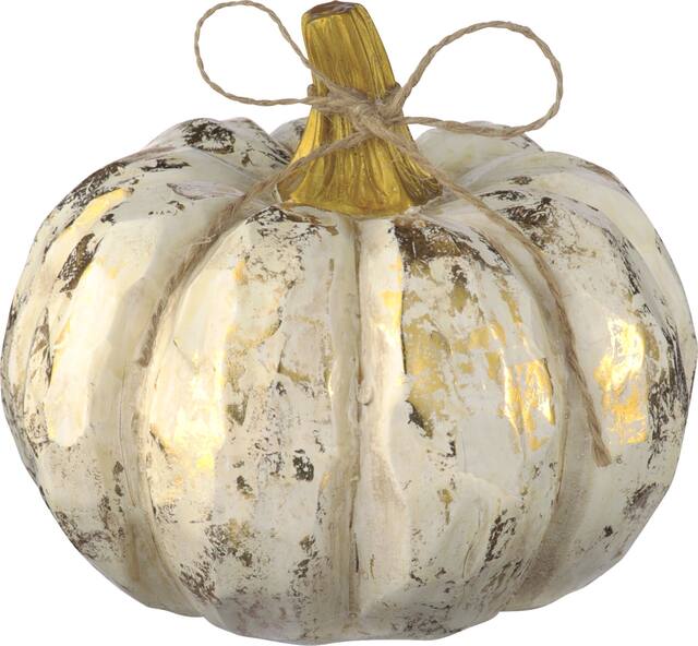 Accessoire citrouille en faux bois, blanc/or, 5 po, décoration intérieure/extérieure pour l'Halloween Front_Flat