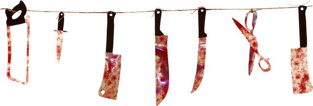 Bloody Weapons Garland Banner, Silver/Red, 2-in, Indoor/Outdoor Decoration for Halloween Front_Flat