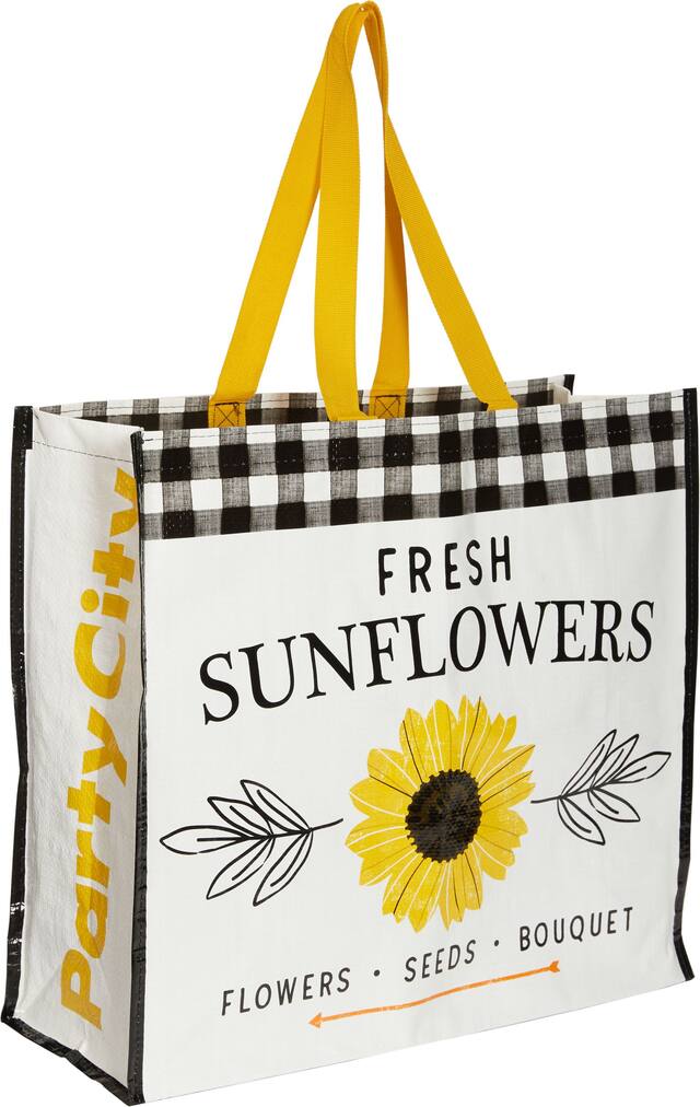 "Fresh Sunflowers" Nylon Tote Shopping Bag, Yellow/Black/White Checkered, 19-in, Wearable for Fall Front_Angled_Right