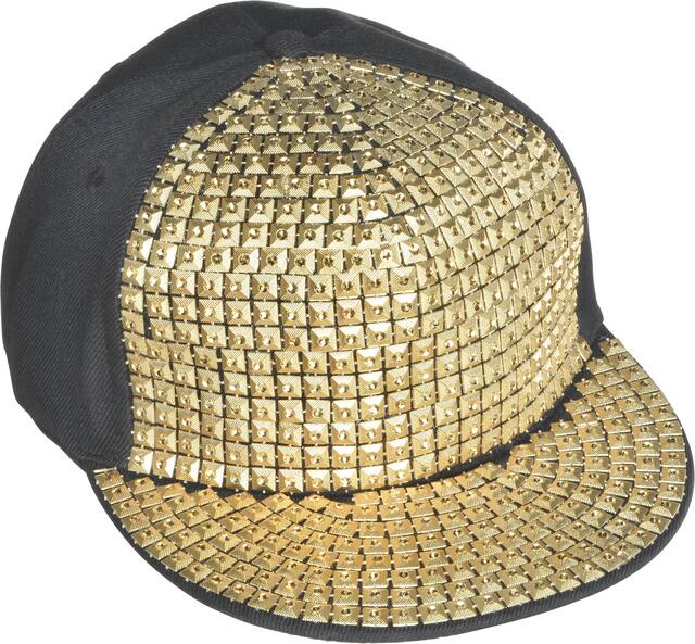 Studded Hip Hop Baseball Hat, Black/Gold, One Size, Wearable Costume Accessory for Halloween Front_Angled_Right