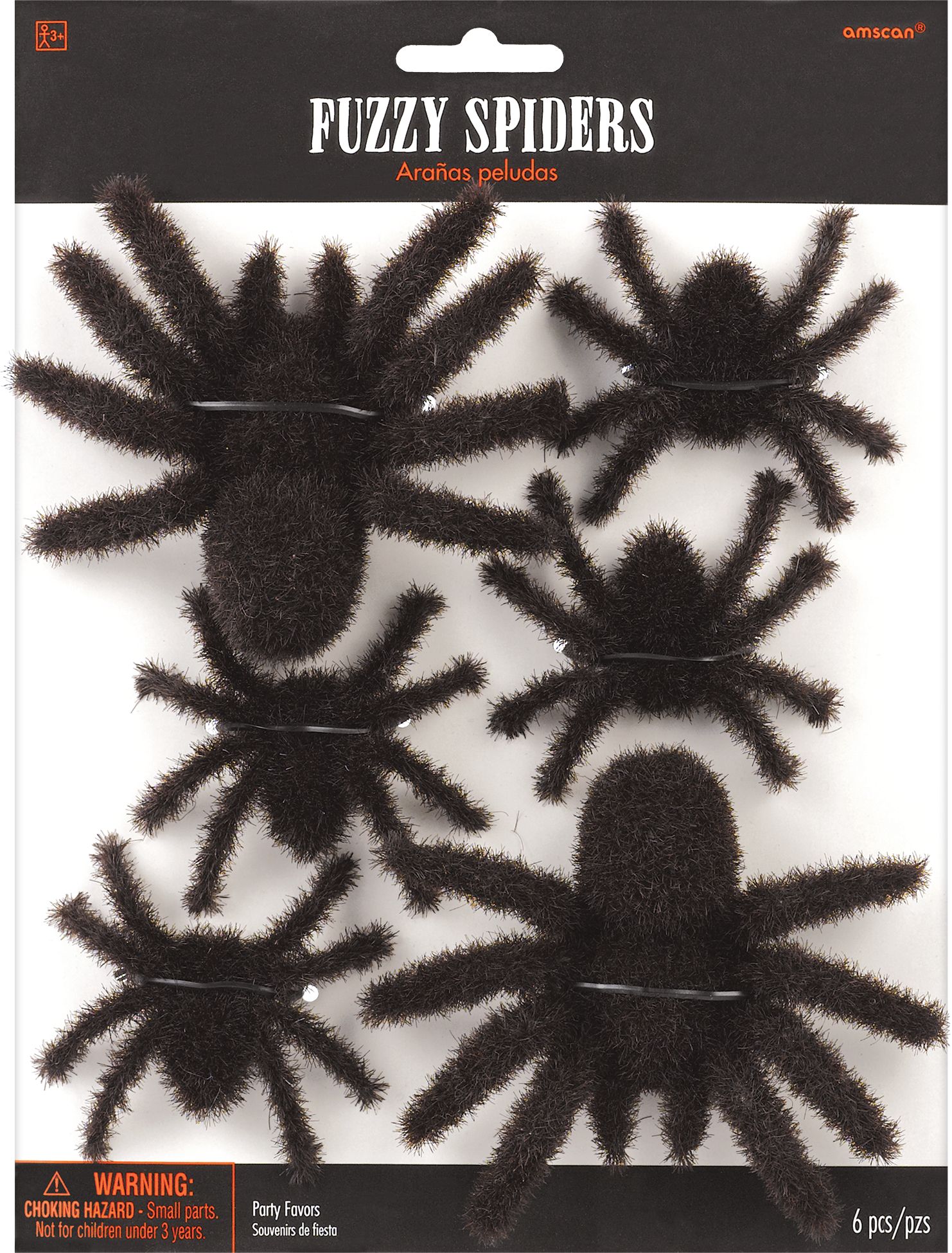 Spider Fuzzy Furry Favours, Black, 10-in, 6-pk, for Halloween Front_Flat