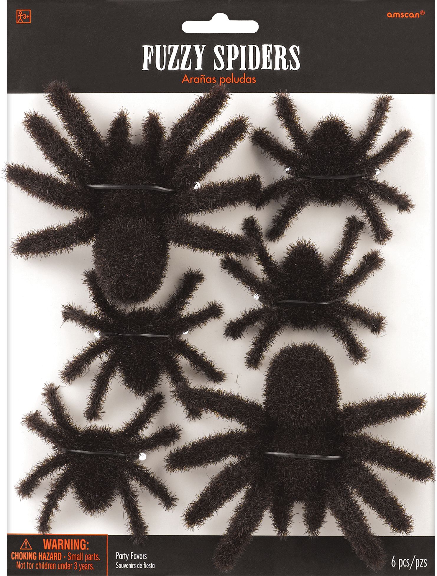 Spider Fuzzy Furry Favours, Black, 10-in, 6-pk, for Halloween Front_Flat