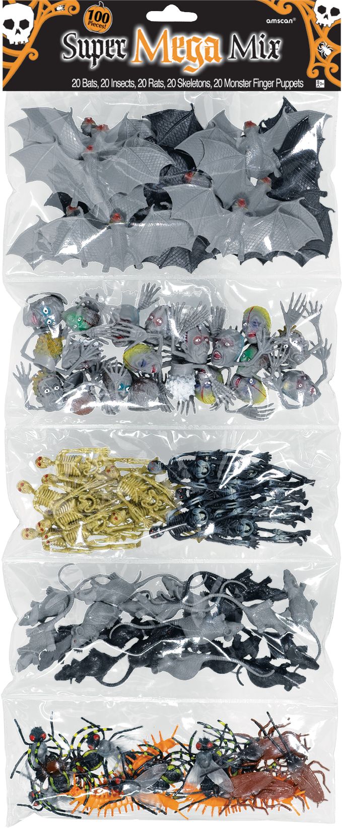 Cadeaux-surprises insecte rampant chauve-souris/squelette/rat/araignée rampant, gris/noir, 4 po, paq. 100, pour l'Halloween Front_Flat