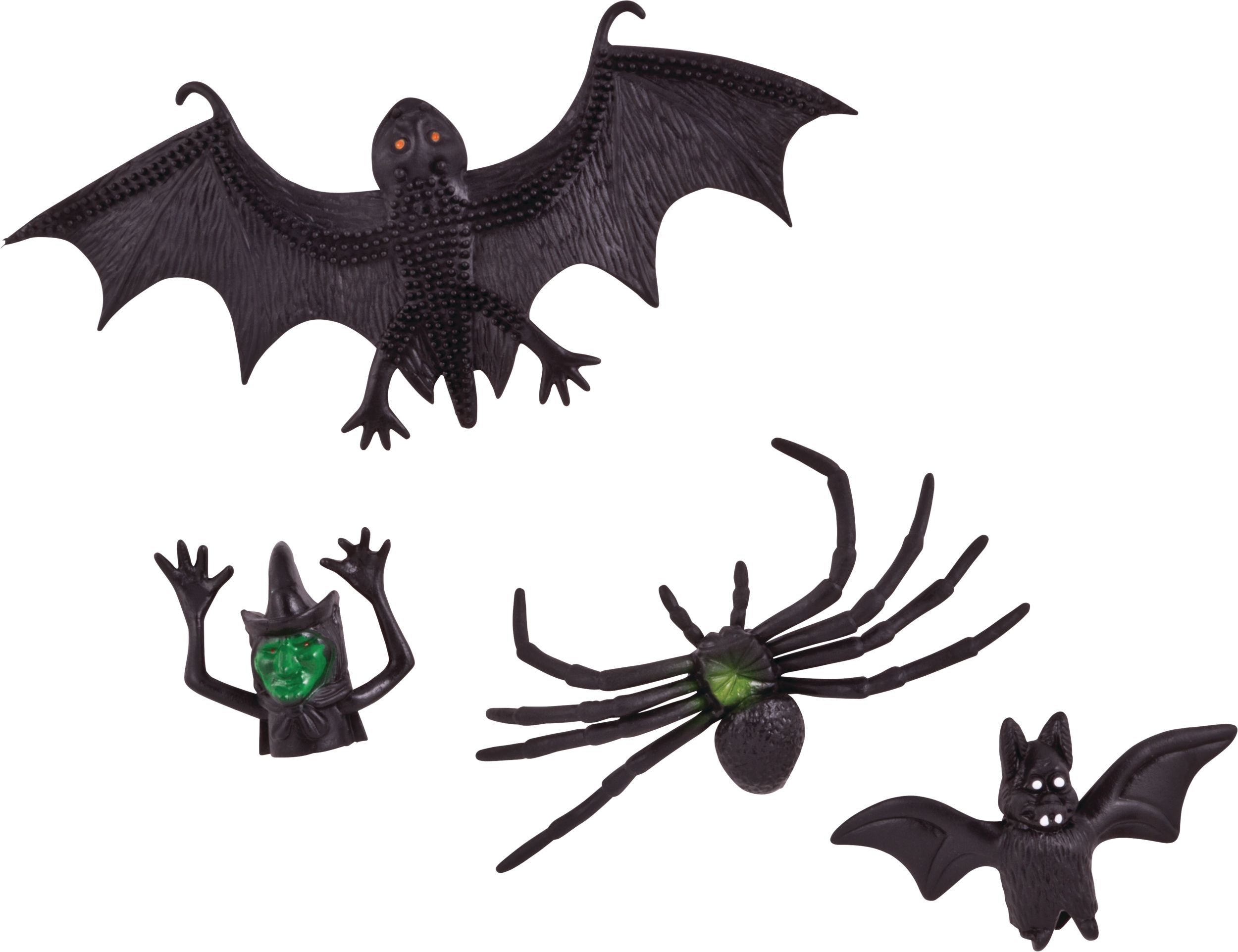 Bat/Witch/Spider Creepy Crawly Favours, Black, 4-in, 48-pk, for Halloween Front_Flat