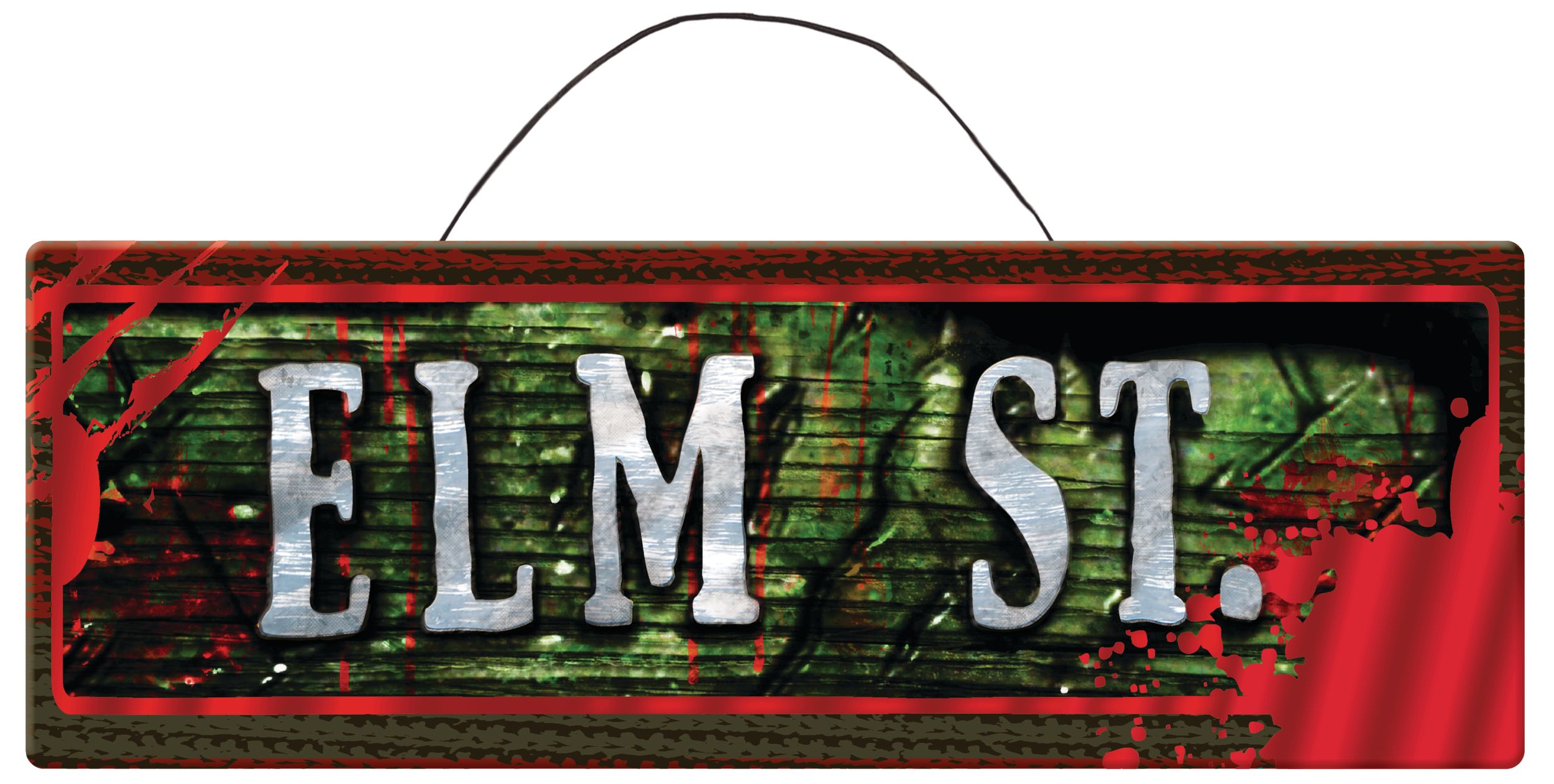 A Nightmare on Elm Street "Elm St." Hanging Sign, Green/Red, 5 1/4-in, Indoor/Outdoor Decoration for Halloween Front_Flat