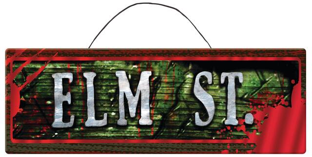 A Nightmare on Elm Street "Elm St." Hanging Sign, Green/Red, 5 1/4-in, Indoor/Outdoor Decoration for Halloween Front_Flat