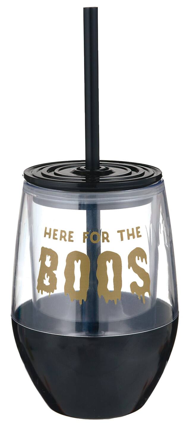 "Here for the Boo's" Plastic Reusable Stemless Wine Glass with Straw, Black/Clear, 10-oz, for Halloween Front_Elevated