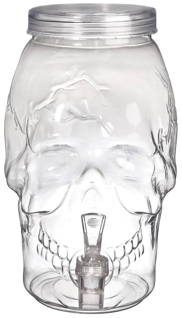 Skull Shaped Plastic Drink Dispenser, Clear, 3.8-L, Table Decoration for Halloween Front_Elevated