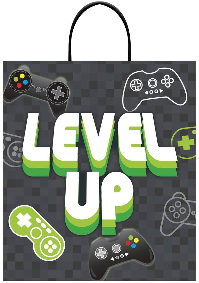 Level Up Video Game Controller Treat Bag, Grey/Green, 14-in, for Trick or Treating Front_Flat