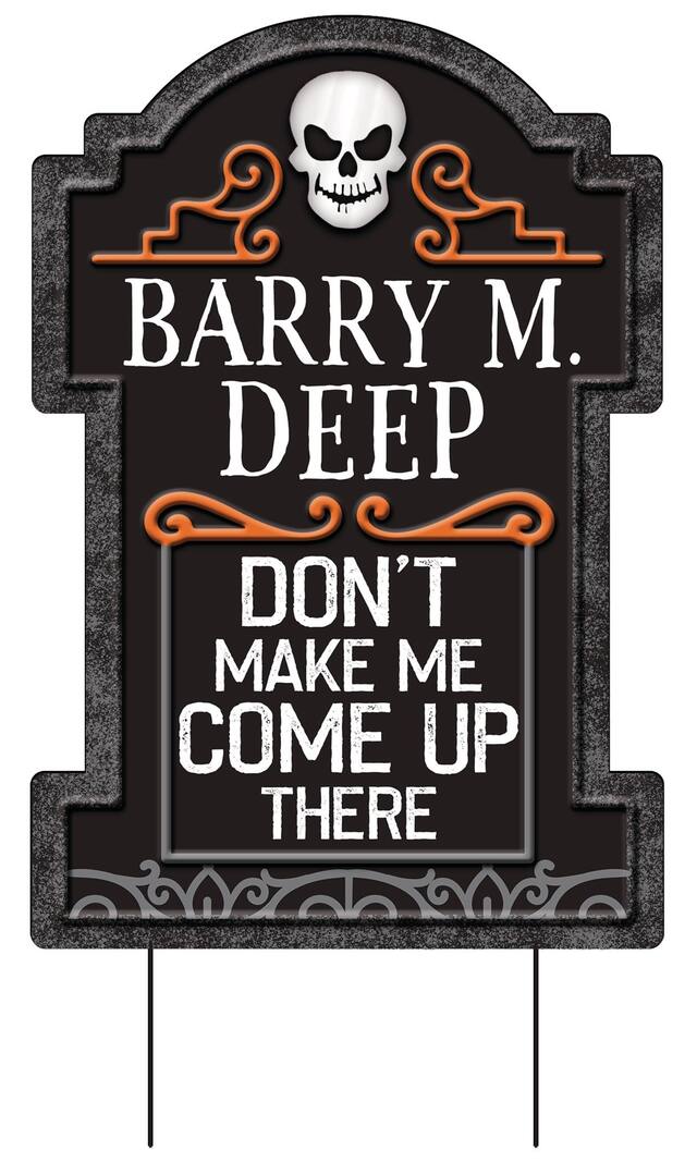 "Barry M. Deep" Skull Graveyard Tombstone Yard Sign with Stakes, Black/Orange, 14 3/4-in, Outdoor Decoration for Halloween Front_Flat