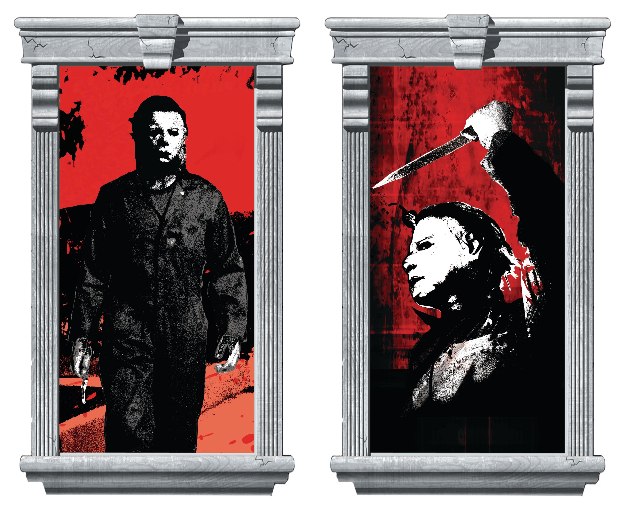 Affiches de fenêtre, silhouette de Michael Myers Halloween, rouge/noir, 32-1/2 po, paq. 2, décorations d'intérieur pour l'Halloween Front_Flat