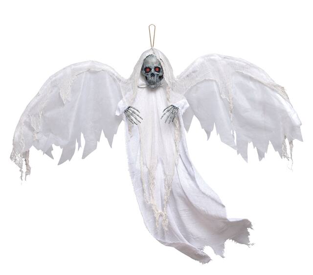 Winged Grim Reaper Light-Up Hanging Prop with Batteries, White, 4-in, Indoor/Outdoor Decoration for Halloween Front_Flat