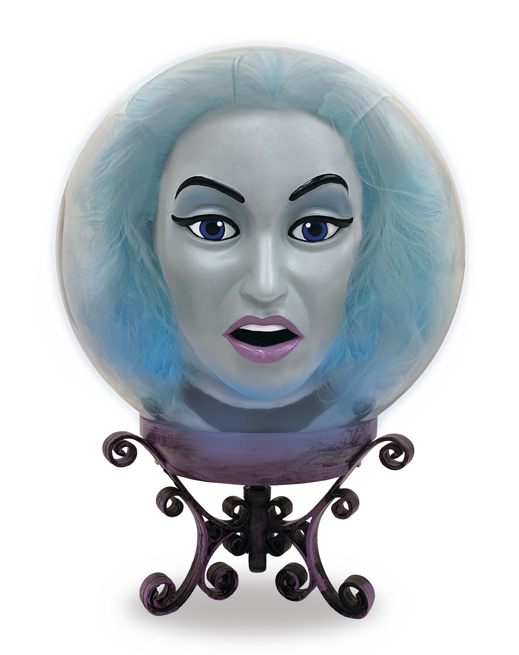 Boule de cristal animée Manoir hanté Madame Leota, avec piles, bleu, 8 po, décoration intérieure/extérieure activée par le son et la lumière pour l'Halloween Front_Flat