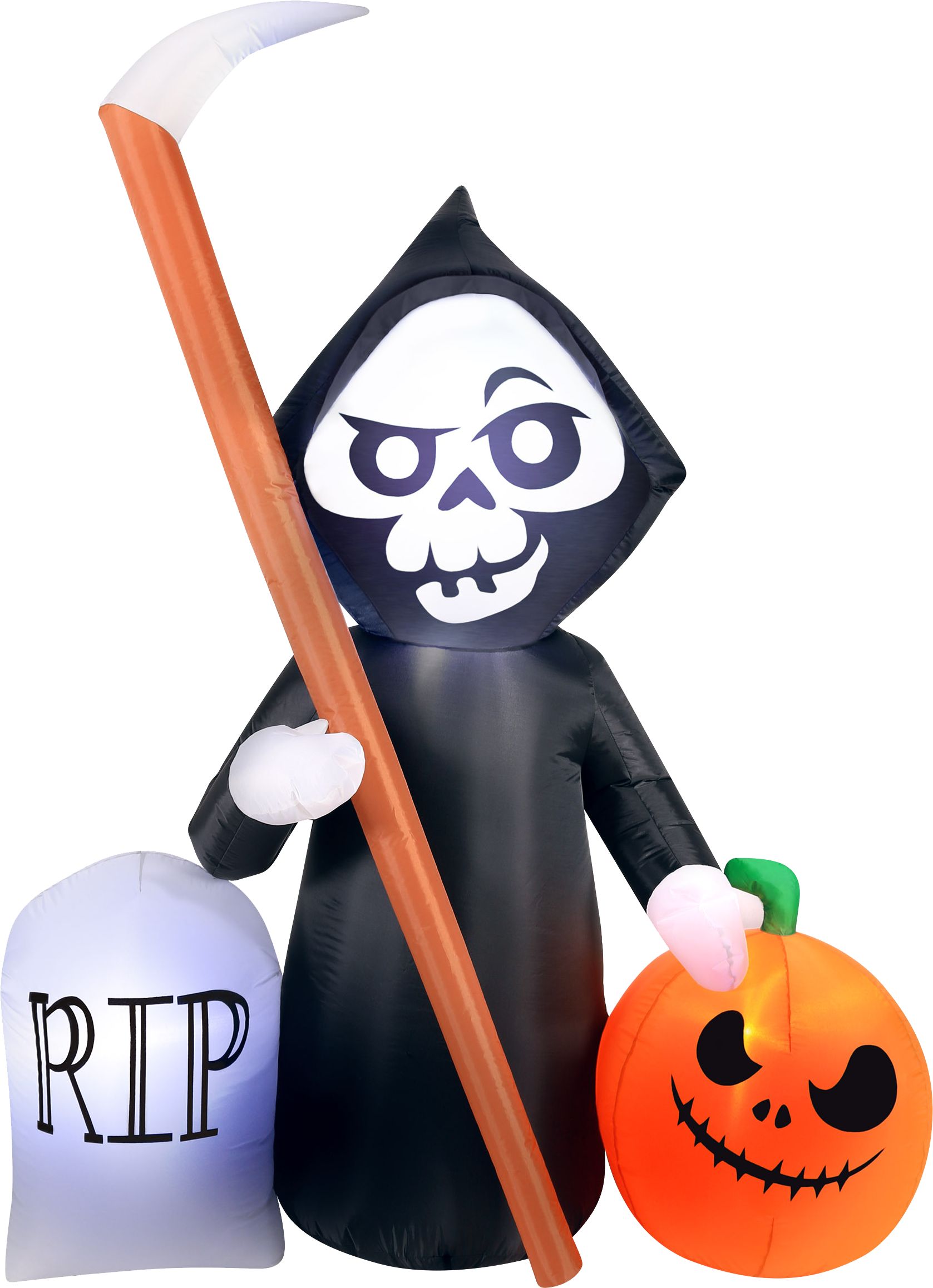 Faucheuse et citrouille lanterne gonflable lumineuse RIP, noir/orange, 5-1/2 pi, décoration autogonflante pour l'Halloween Front_Flat