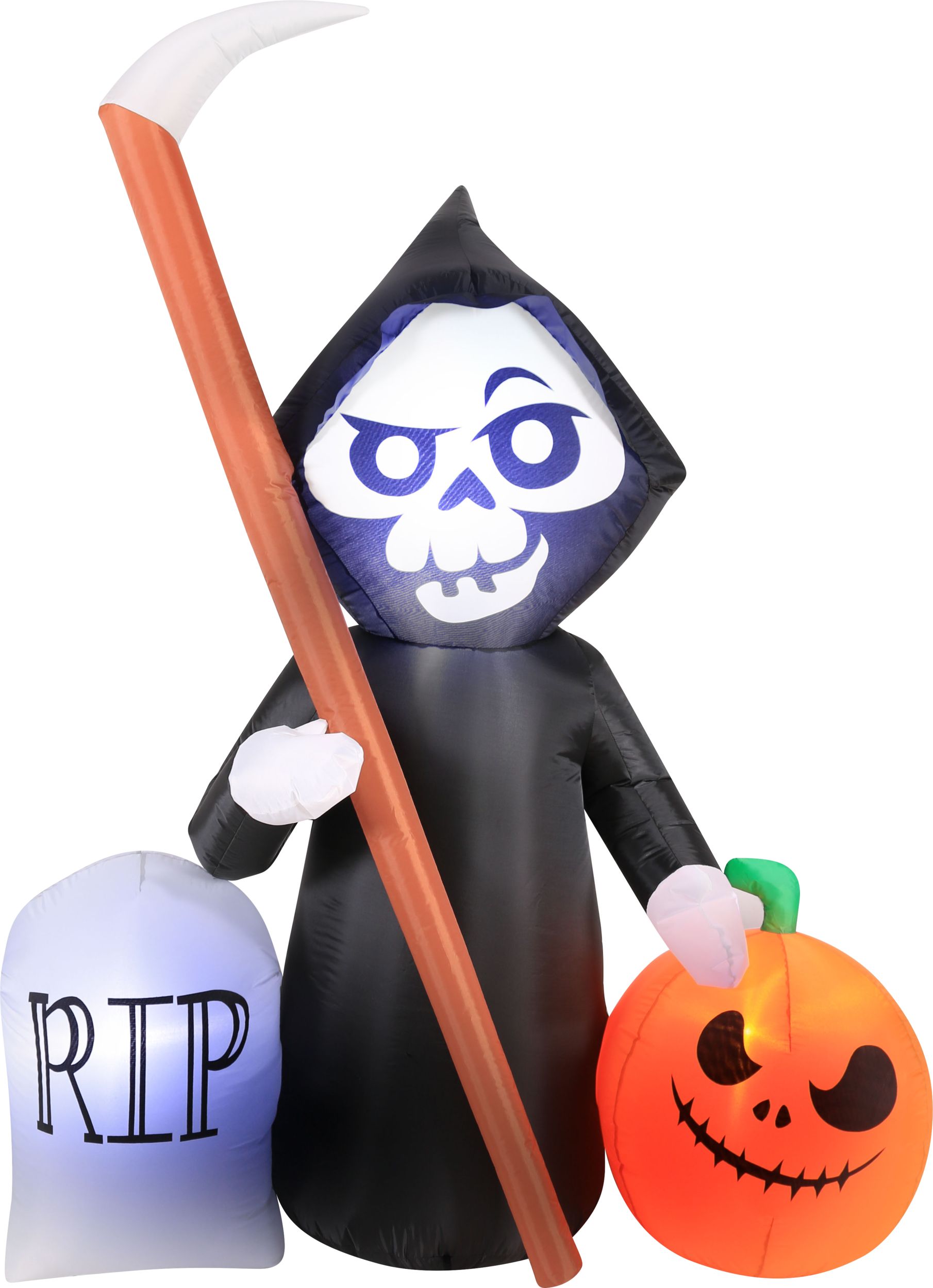 Faucheuse et citrouille lanterne gonflable lumineuse RIP, noir/orange, 5-1/2 pi, décoration autogonflante pour l'Halloween Front_Flat