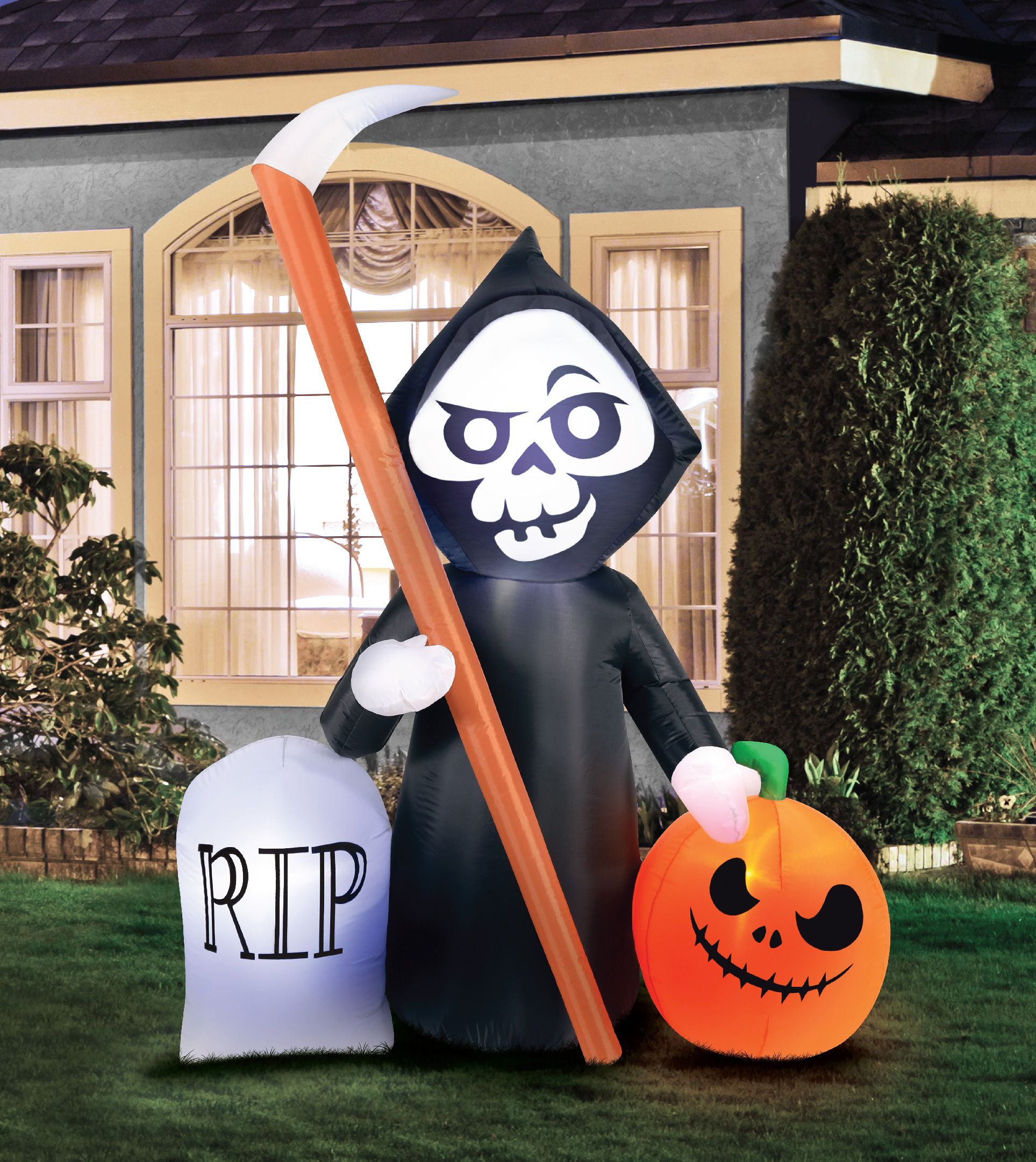 Faucheuse et citrouille lanterne gonflable lumineuse RIP, noir/orange, 5-1/2 pi, décoration autogonflante pour l'Halloween Front_Flat