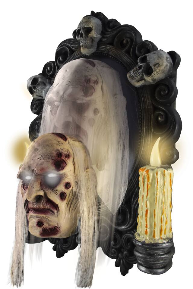 Animated Drop Down Portrait Prop with Batteries, Black/White, 15-in, Sound & Light Activated Indoor/Outdoor Decoration for Halloween Front_Three_Fourths_Angled_Left