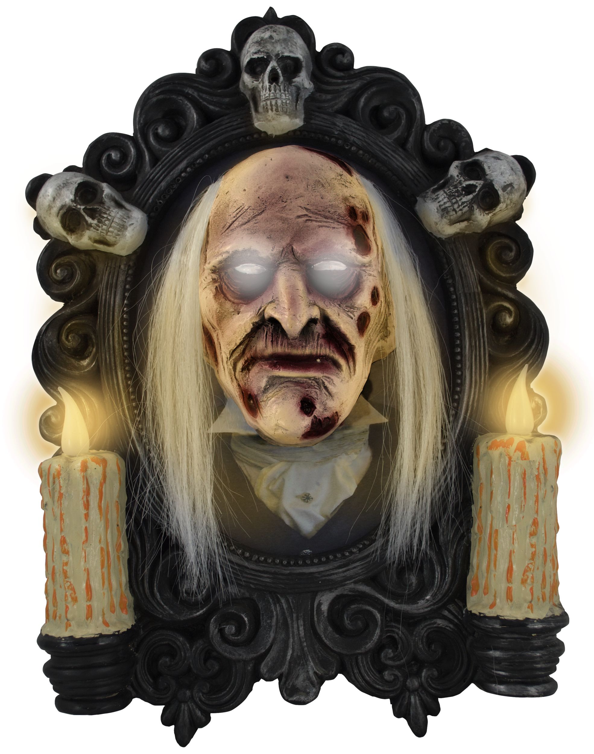 Animated Drop Down Portrait Prop with Batteries, Black/White, 15-in, Sound & Light Activated Indoor/Outdoor Decoration for Halloween Front_Flat