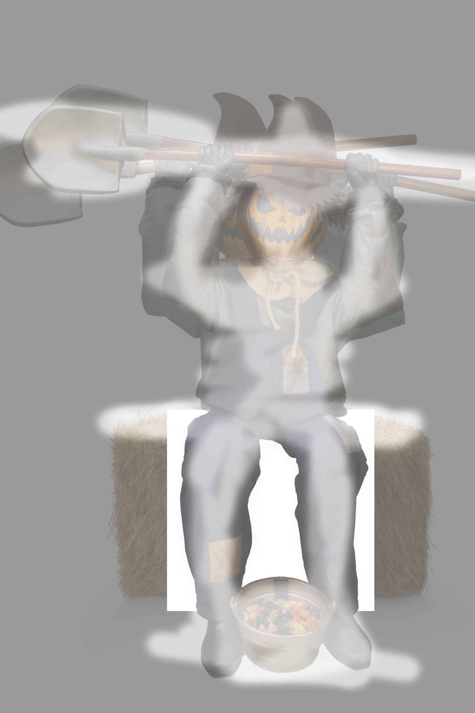 Scarecrow Jack-O'-Lantern Animated Sitting Door Greeter Character, Orange/Blue, 5-ft, Sound Activated Indoor/Outdoor Decoration for Halloween Front_Elevated