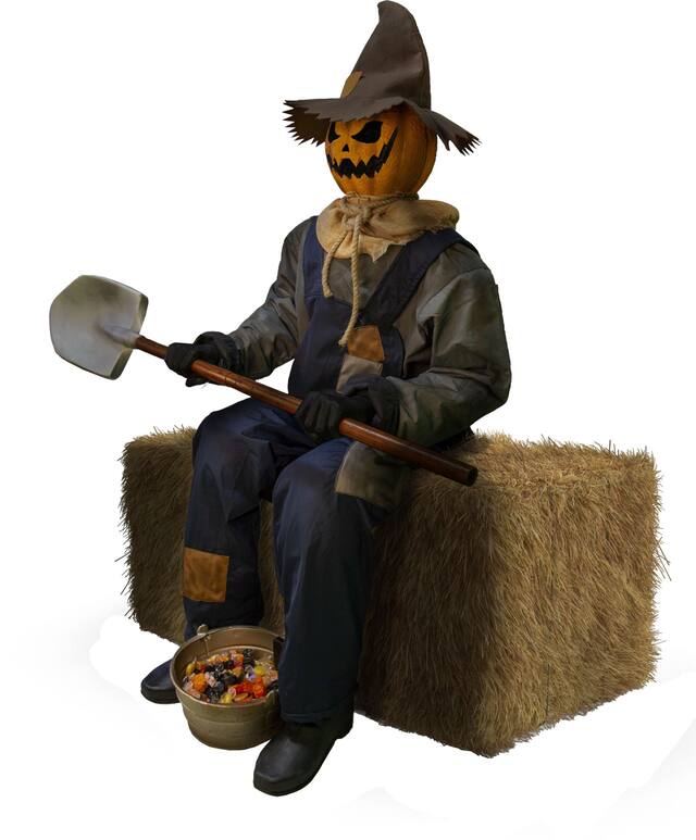 Scarecrow Jack-O'-Lantern Animated Sitting Greeter Character, Multi-Coloured, 50-in, Sound Activated Indoor/Outdoor Decoration for Halloween Front_Angled_Left