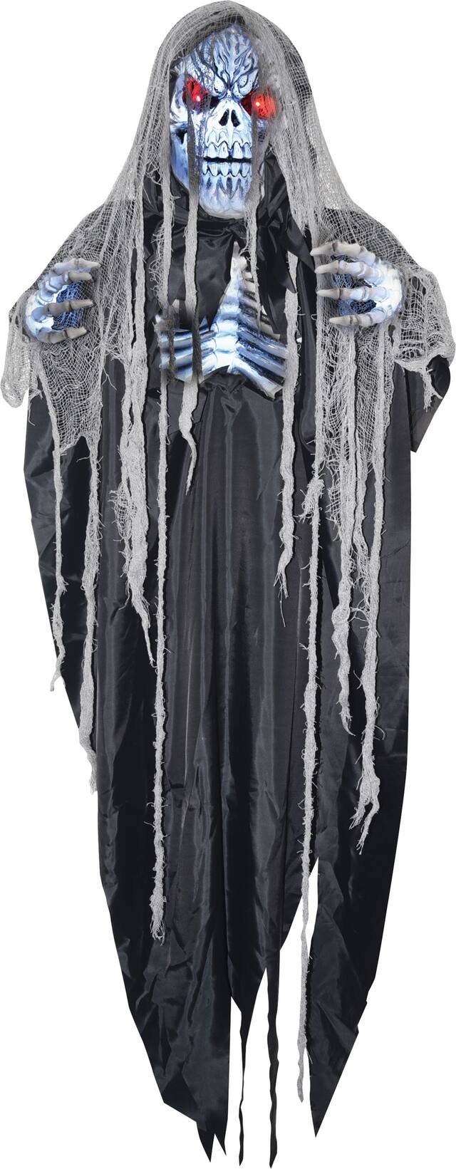 Faucheuse squelettique animée suspendue, avec piles, noir/blanc, 6 pi, décoration intérieure/extérieure activée par le son et la lumière pour l'Halloween Front_Flat