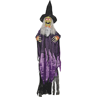 Witch Animated Hanging Character with Batteries, Black/Purple, 6-ft, Sound & Light Activated Indoor/Outdoor Decoration for Halloween Front_Flat