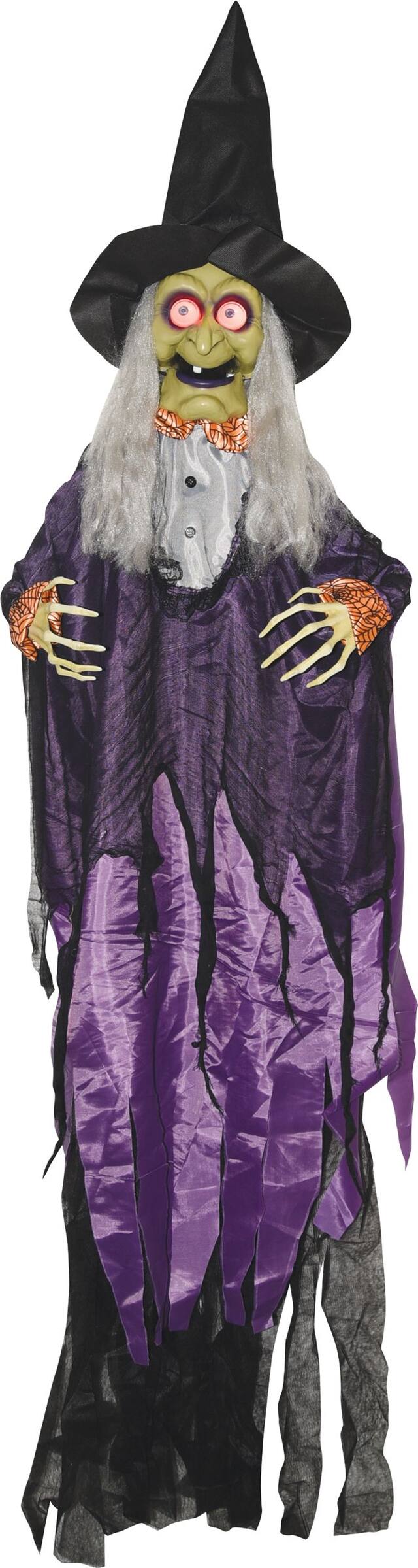 Witch Animated Hanging Character with Batteries, Black/Purple, 6-ft, Sound & Light Activated Indoor/Outdoor Decoration for Halloween Front_Flat