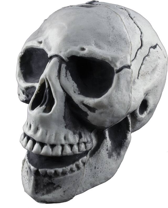 Grim Reaper Skull Fractured Prop, Grey, 9 3/4 in, Indoor/Outdoor Decoration for Halloween Front_Angled_Left