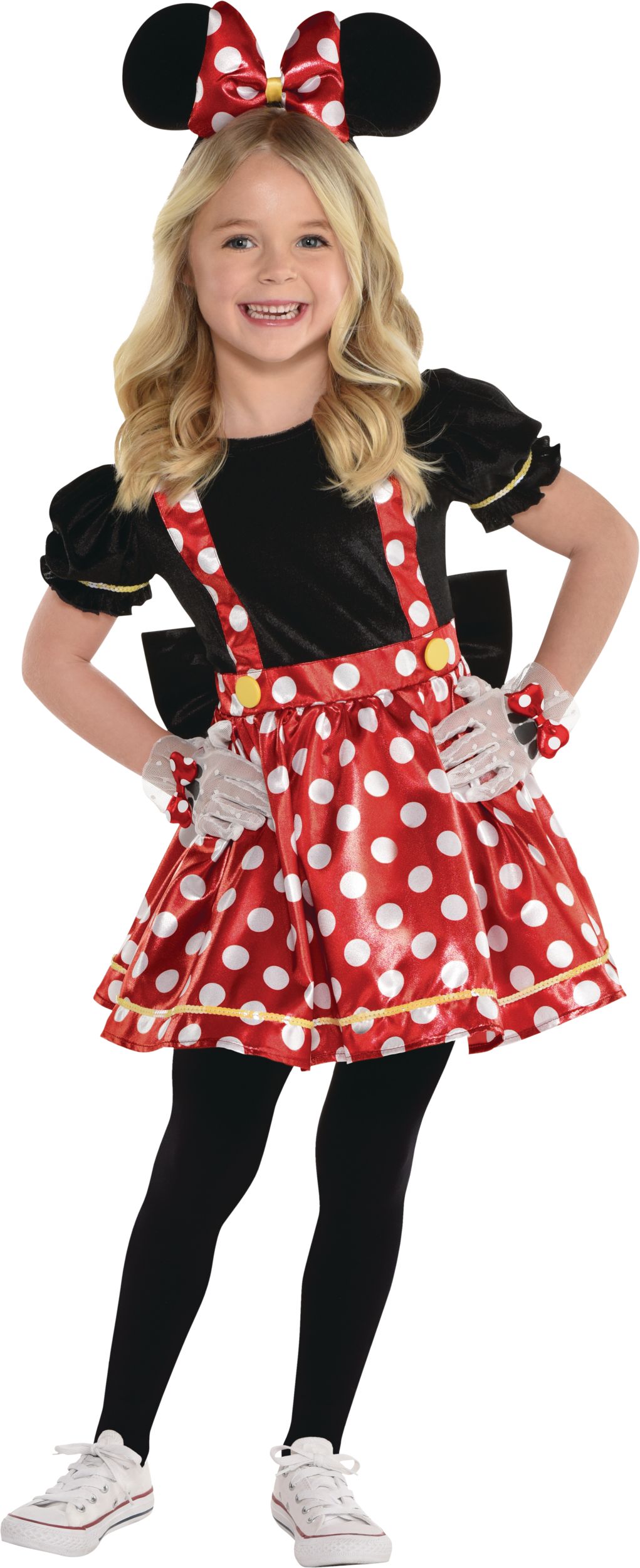 Costume de Disney Minnie Mouse pour enfant et toute petite, robe salopette  à pois rouge/noir avec bandeau, choix de tailles