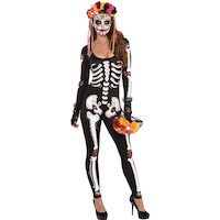 Women's La Muerte Day of the Dead Skeleton Black/White Jumpsuit Halloween Costume, Assorted Sizes Front_Flat