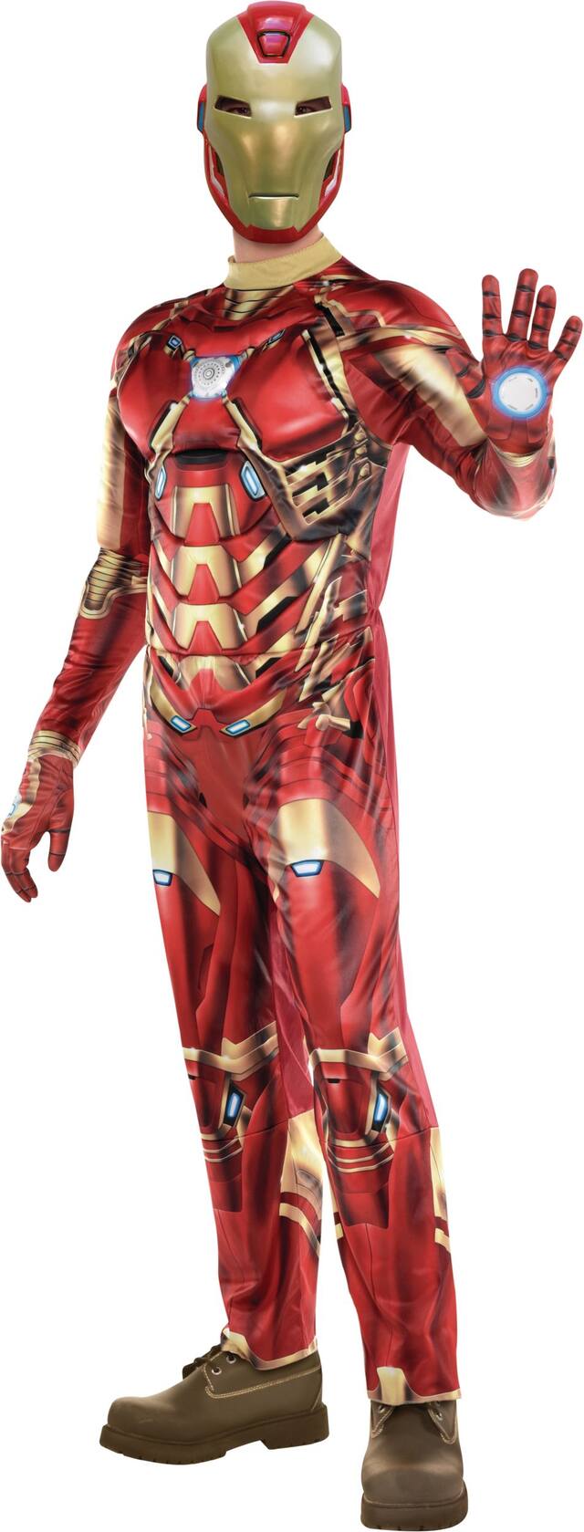 Men's Disney Marvel Iron Man Red/Gold Padded Jumpsuit with Mask & Gloves Halloween Costume, One Size Front_Flat
