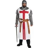 Costume de brave chevalier de croisade, hommes, tunique argent/blanc/rouge avec manches et ceinture, choix de tailles Front_Flat