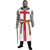 Men's Brave Medieval Crusader Knight Silver/White/Red Tunic with Sleeves & Belt, Halloween Costume, Assorted Sizes