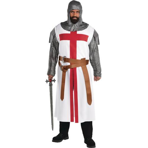 Men's Brave Medieval Crusader Knight Silver/White/Red Tunic with Sleeves & Belt, Halloween Costume, Assorted Sizes