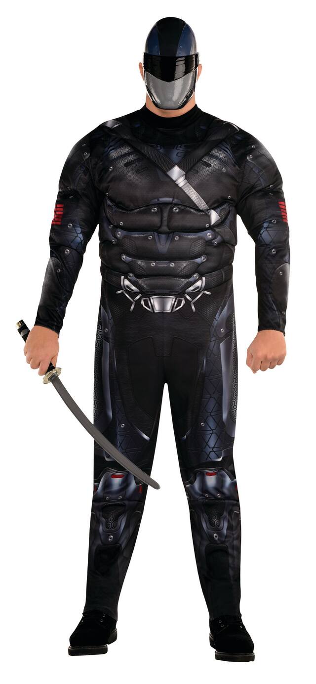 Men's G.I. Joe Snake Eyes Black Padded Jumpsuit with Mask Halloween Costume, One Size Front_Flat