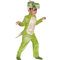 Toddler T-Rex Dinosaur Green Jumpsuit with Hood & Tail Halloween Costume, Assorted Sizes Front_Angled_Right